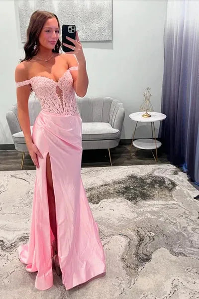 Pretty Mermaid Off-the-Shoulder Sleeveless Split Lace Sweep/Brush Train Prom Dress