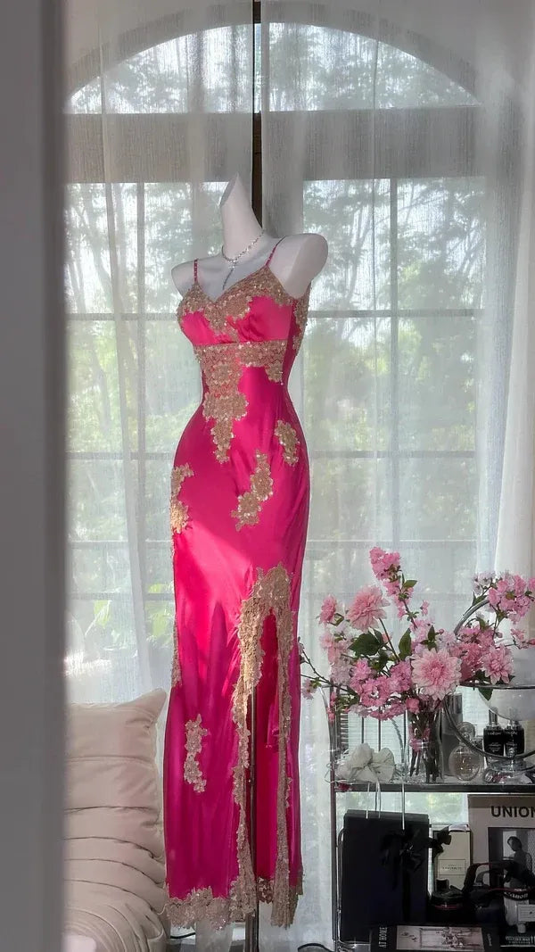 Pretty Mermaid Spaghetti Straps Sleeveless Appliques Satin Maxi Dress Prom Dress