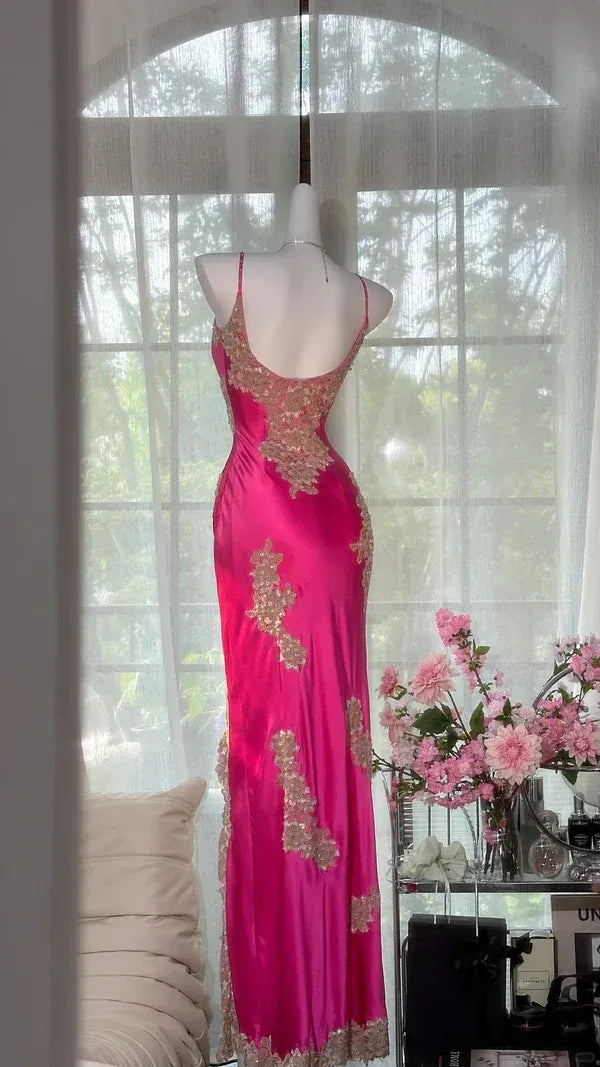 Pretty Mermaid Spaghetti Straps Sleeveless Appliques Satin Maxi Dress Prom Dress
