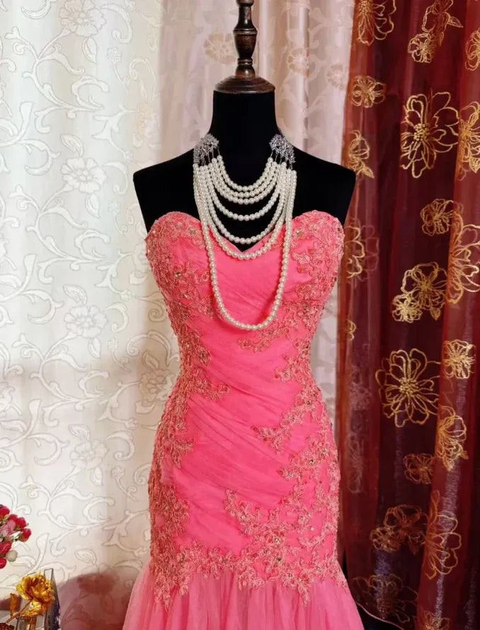 Pretty Mermaid Strapless Lace-up Embroidered Tulle Train Party Gown