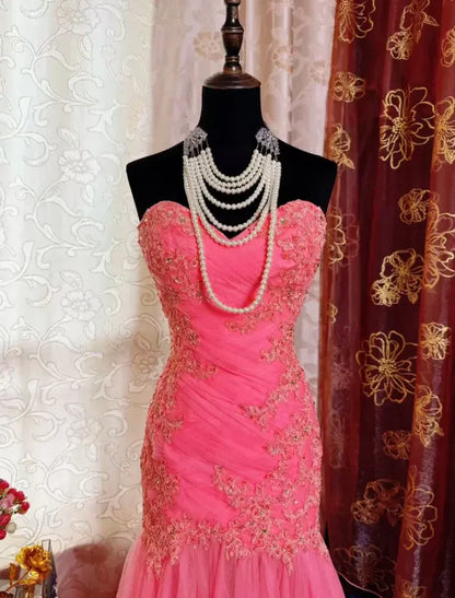 Pretty Mermaid Strapless Lace-up Embroidered Tulle Train Party Gown