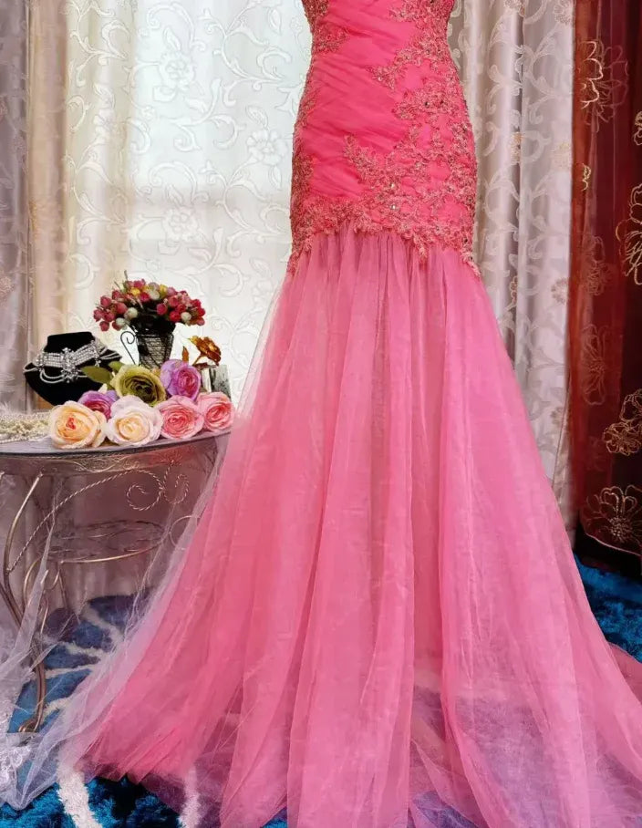 Pretty Mermaid Strapless Lace-up Embroidered Tulle Train Party Gown