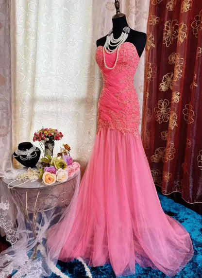 Pretty Mermaid Strapless Lace-up Embroidered Tulle Train Party Gown