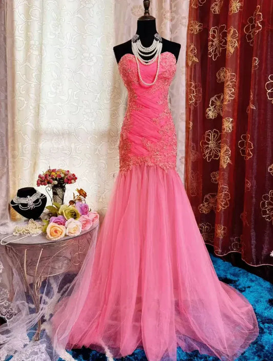 Pretty Mermaid Strapless Lace-up Embroidered Tulle Train Party Gown