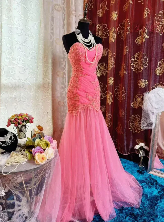 Pretty Mermaid Strapless Lace-up Embroidered Tulle Train Party Gown
