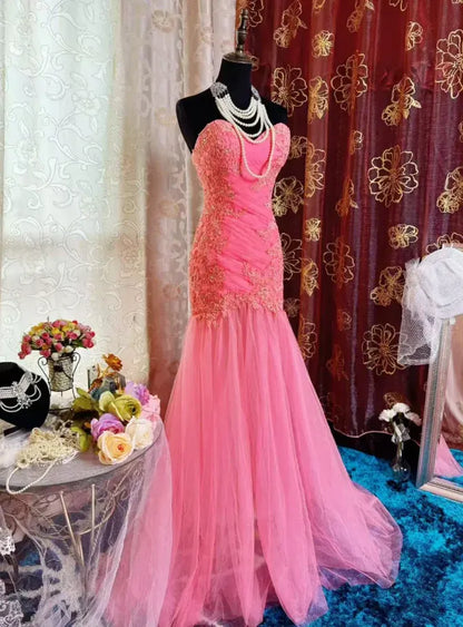 Pretty Mermaid Strapless Lace-up Embroidered Tulle Train Party Gown