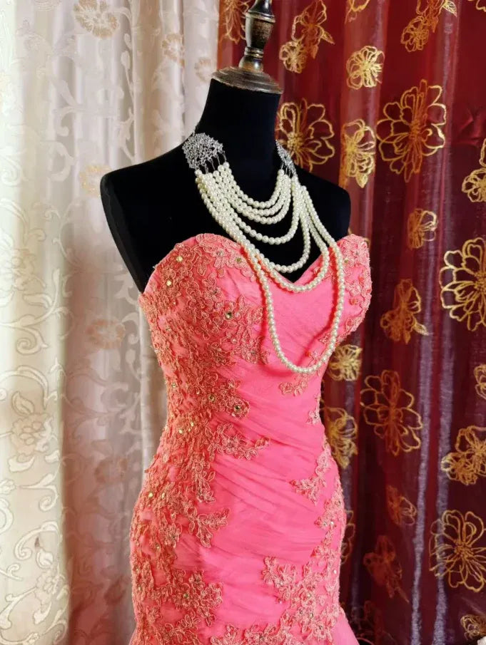 Pretty Mermaid Strapless Lace-up Embroidered Tulle Train Party Gown