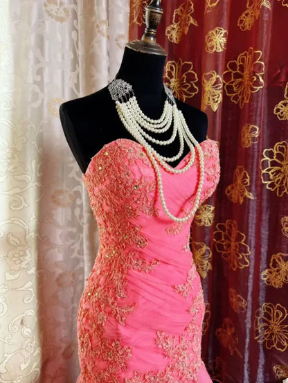 Pretty Mermaid Strapless Lace-up Embroidered Tulle Train Party Gown
