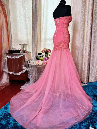Pretty Mermaid Strapless Lace-up Embroidered Tulle Train Party Gown