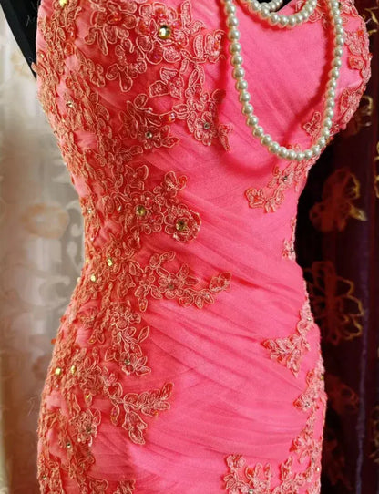 Pretty Mermaid Strapless Lace-up Embroidered Tulle Train Party Gown