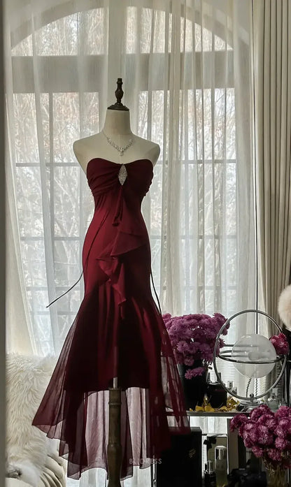 Pretty Mermaid Strapless Sleeveless Backless Chiffon Floor-Length Prom Dress