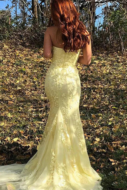 Pretty Mermaid Strapless Sleeveless Split Tulle Sweep/Brush Train Prom Dress