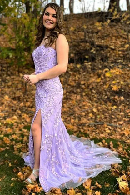Pretty Mermaid Strapless Sleeveless Split Tulle Sweep/Brush Train Prom Dress