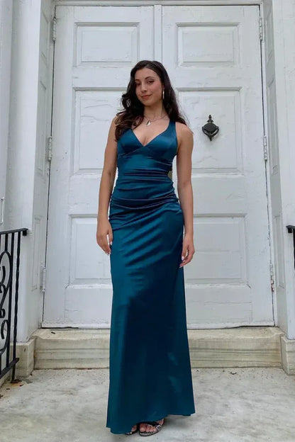 Pretty Mermaid V Neck Sleeveless Pleated Satin Floor-Length Prom Dress