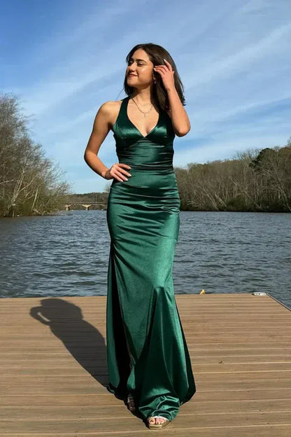 Pretty Mermaid V Neck Sleeveless Pleated Satin Floor-Length Prom Dress