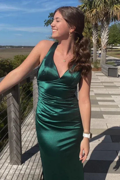 Pretty Mermaid V Neck Sleeveless Pleated Satin Floor-Length Prom Dress