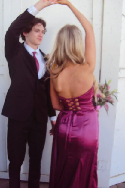 Pretty Mermaid V Neck Sleeveless Satin Pleated Floor-Length Prom Dress