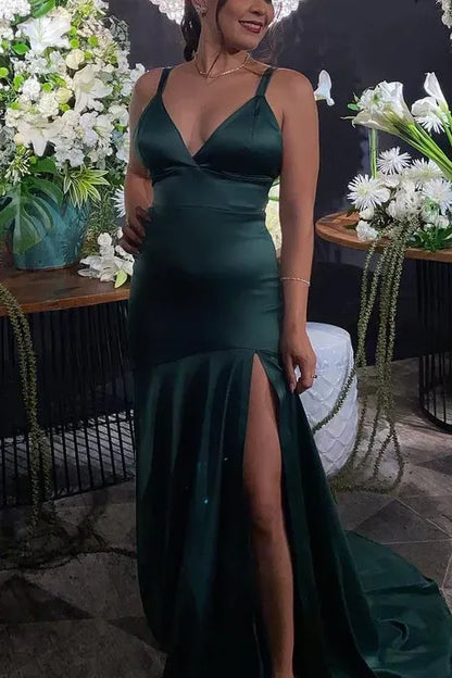 Pretty Mermaid V Neck Sleeveless Slit Satin Floor-Length Prom Dress