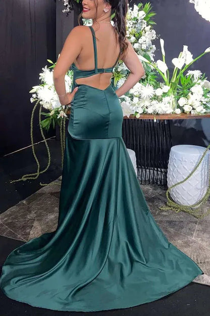 Pretty Mermaid V Neck Sleeveless Slit Satin Floor-Length Prom Dress