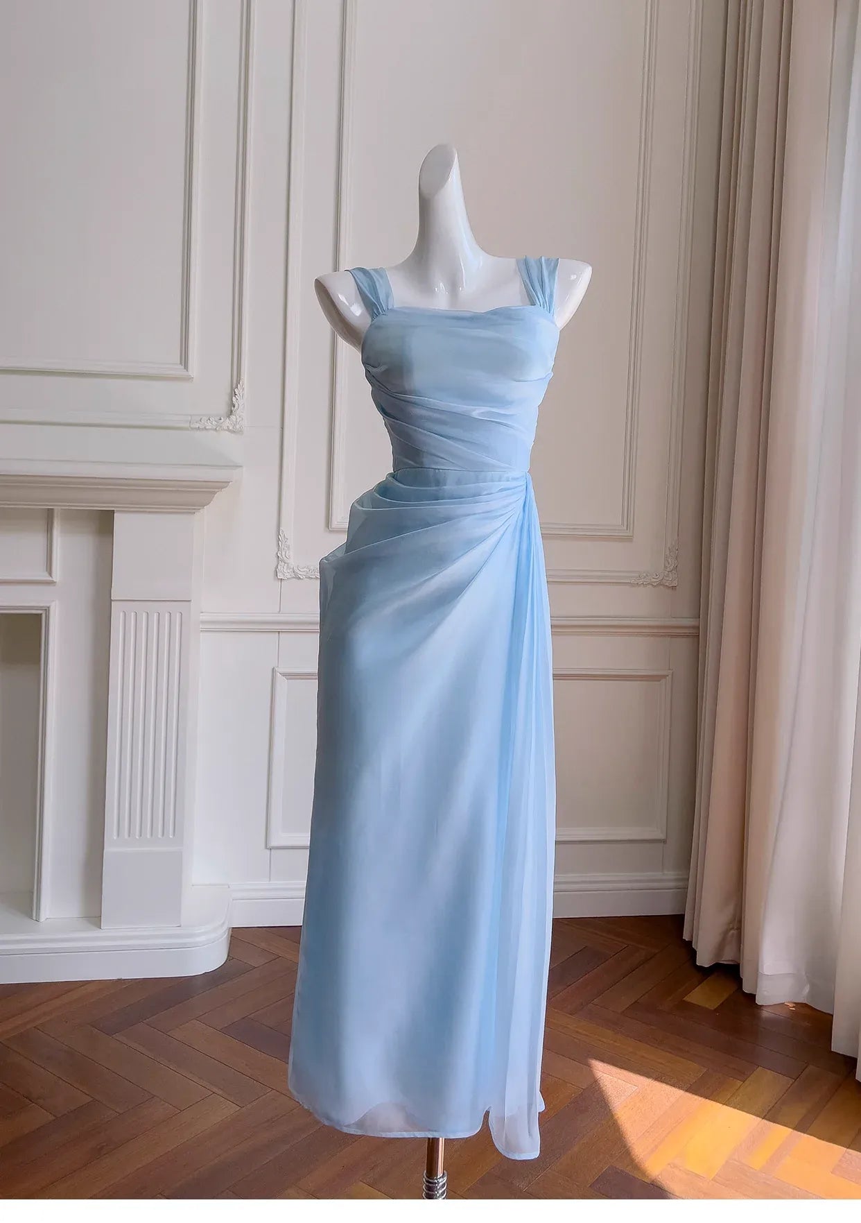 Pretty Sheath Square Neck Sleeveless Pleated Tulle Floor-Length Prom Dress