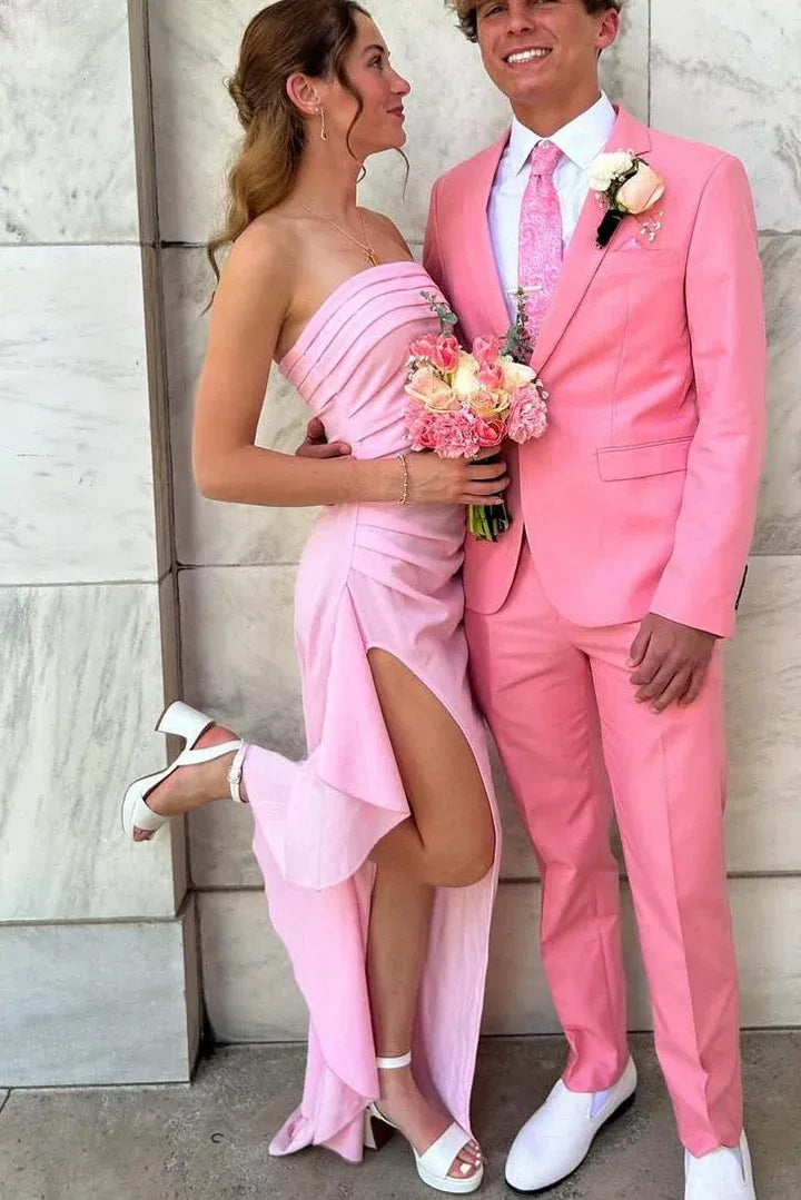 Pretty Sheath Strapless Sleeveless Slit Satin Floor-Length Prom Dress