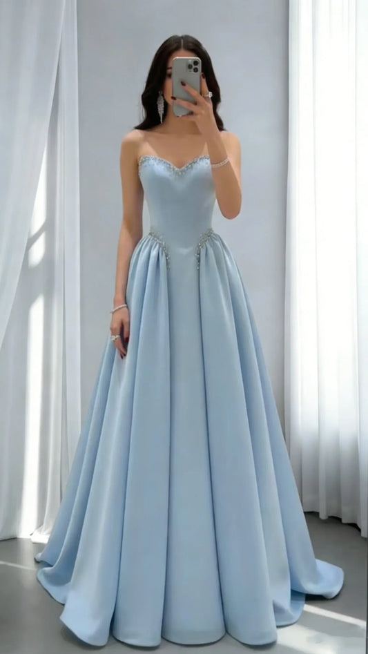 Pretty Sky Blue Strapless Beaded Satin Ball Gown Party Dress