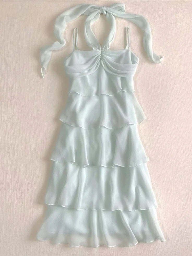 Pretty A-Line Halter Neck Ruched Tiered Ruffle Green Midi Homecoming Dress