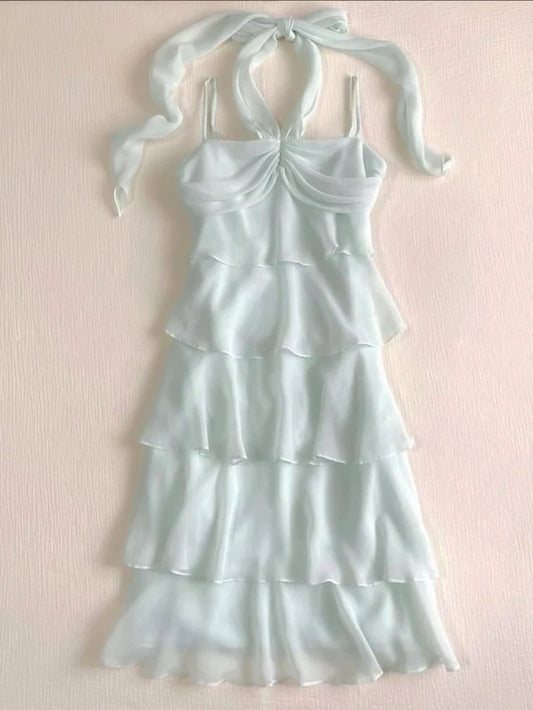 Pretty A-Line Halter Neck Ruched Tiered Ruffle Green Midi Homecoming Dress