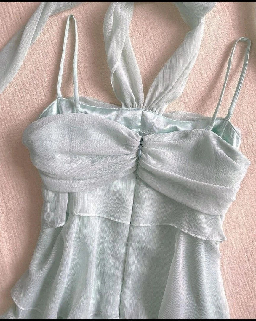 Pretty A-Line Halter Neck Ruched Tiered Ruffle Green Midi Homecoming Dress