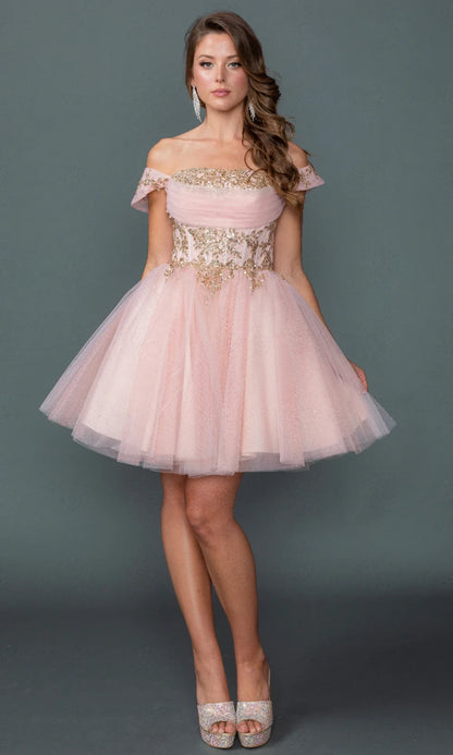 Pretty A-Line Off-Shoulder Cap Sleeve Embellished Glittery Blush Short Homecoming Dress