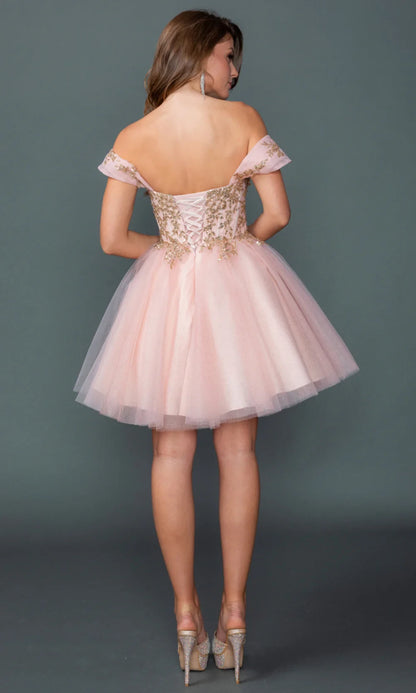 Pretty A-Line Off-Shoulder Cap Sleeve Embellished Glittery Blush Short Homecoming Dress