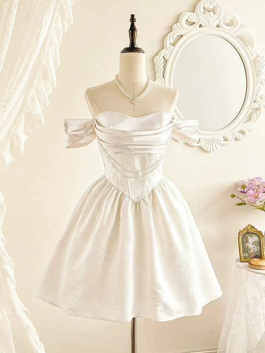 Pretty A-Line Off-Shoulder Corset Ruched Pearl Jacquard Ivory Mini Homecoming Dress