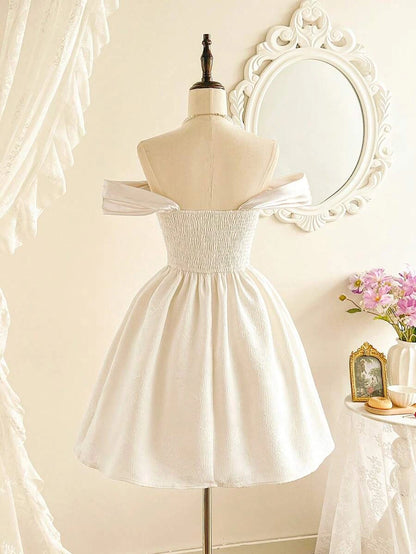 Pretty A-Line Off-Shoulder Corset Ruched Pearl Jacquard Ivory Mini Homecoming Dress