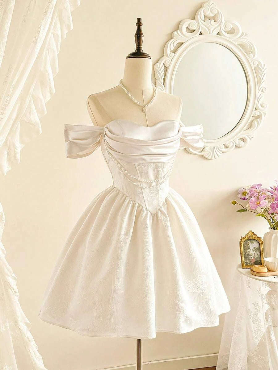 Pretty A-Line Off-Shoulder Corset Ruched Pearl Jacquard Ivory Mini Homecoming Dress