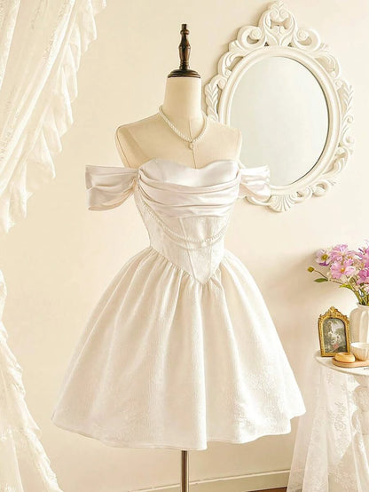 Pretty A-Line Off-Shoulder Corset Ruched Pearl Jacquard Ivory Mini Homecoming Dress