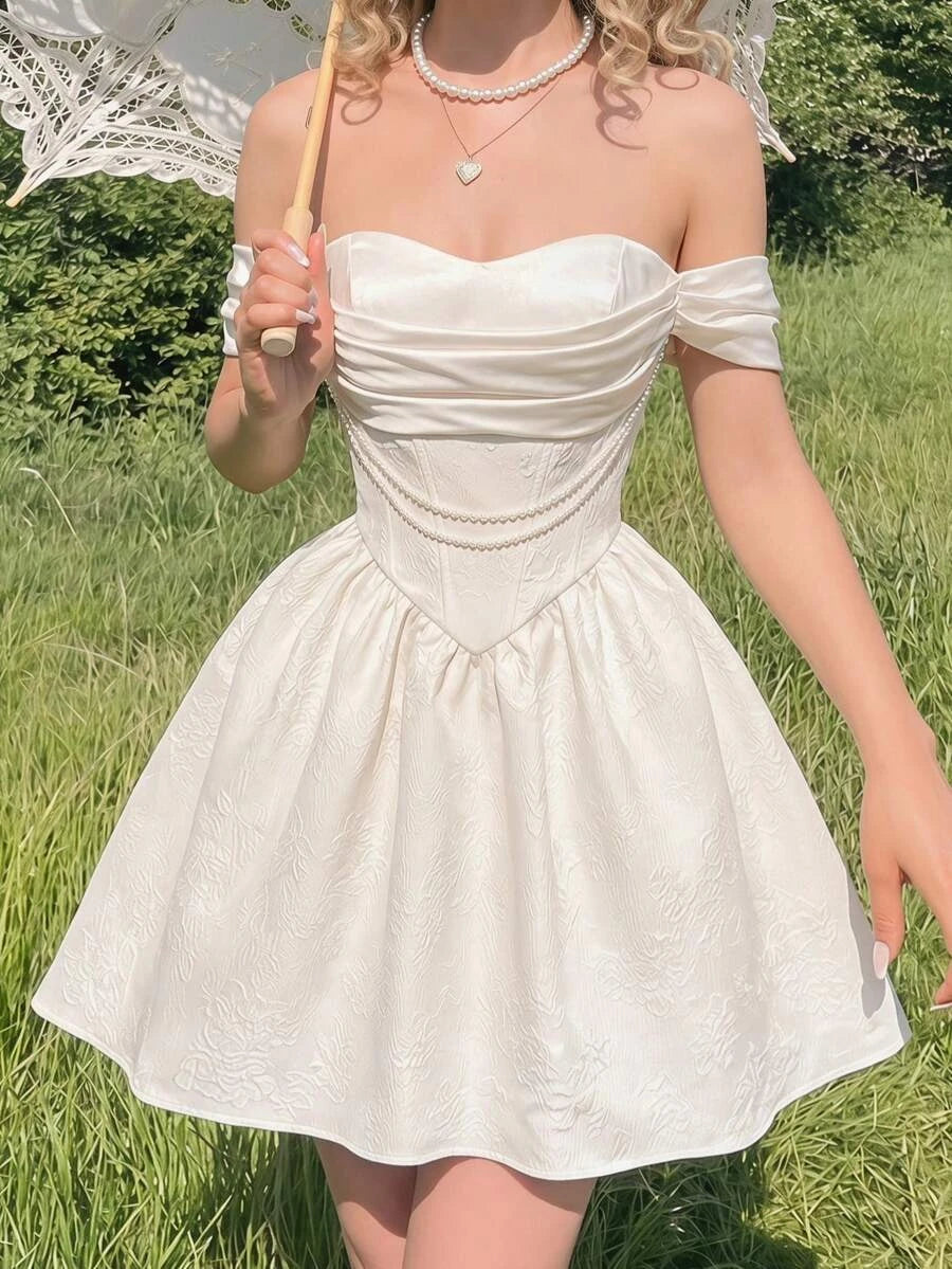 Pretty A-Line Off-Shoulder Corset Ruched Pearl Jacquard Ivory Mini Homecoming Dress