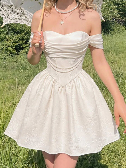 Pretty A-Line Off-Shoulder Corset Ruched Pearl Jacquard Ivory Mini Homecoming Dress