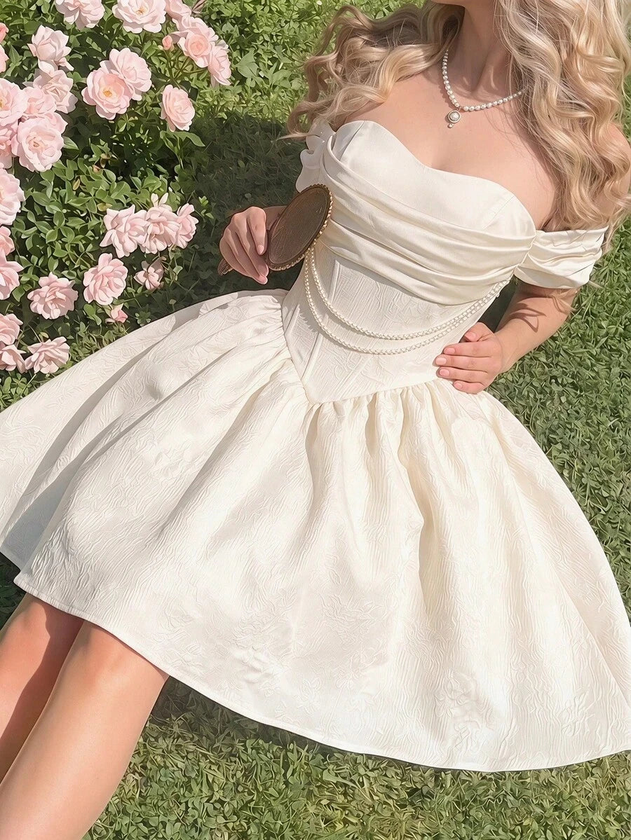 Pretty A-Line Off-Shoulder Corset Ruched Pearl Jacquard Ivory Mini Homecoming Dress