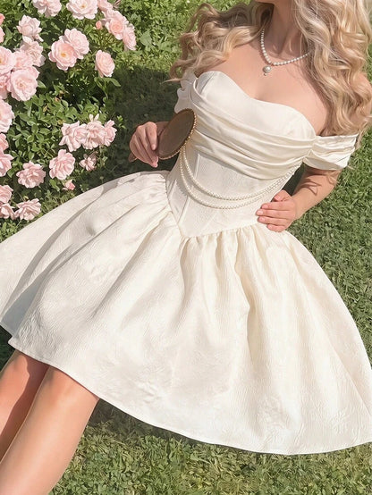 Pretty A-Line Off-Shoulder Corset Ruched Pearl Jacquard Ivory Mini Homecoming Dress