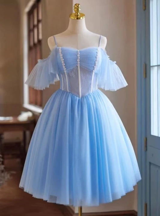 Pretty A-Line Spaghetti Straps Corset Ruffled Beaded Light Blue Short Homecoming Dresses
