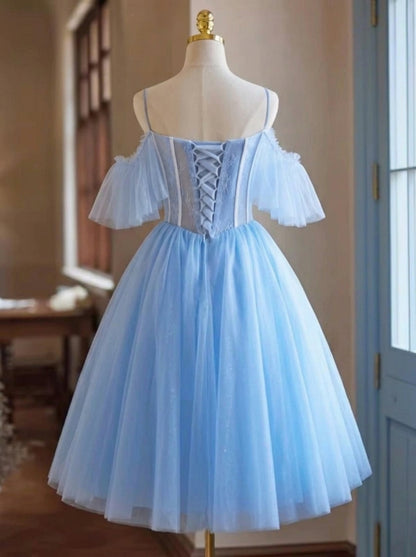 Pretty A-Line Spaghetti Straps Corset Ruffled Beaded Light Blue Short Homecoming Dresses