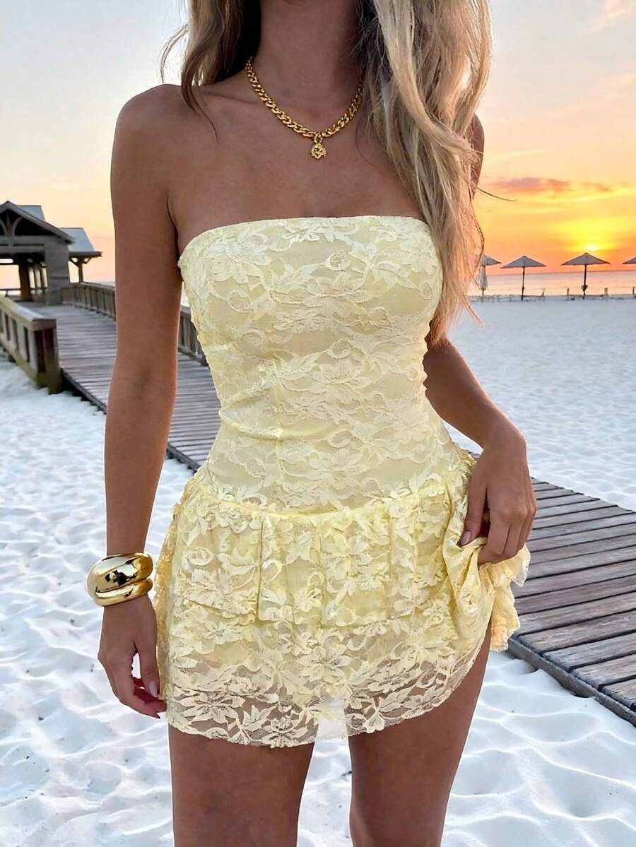 Pretty A-Line Strapless Tiered Ruffled Lace Pastel Yellow Mini Homecoming Dresses