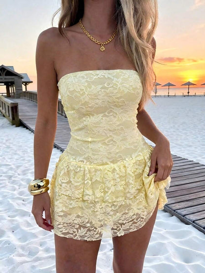 Pretty A-Line Strapless Tiered Ruffled Lace Pastel Yellow Mini Homecoming Dresses