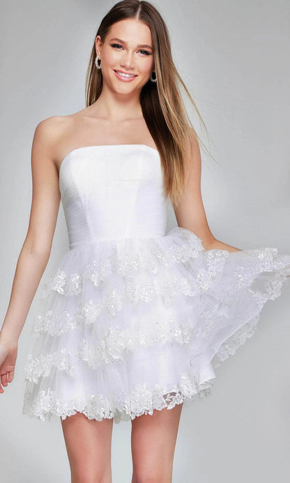 Pretty A-Line Strapless Tiered Sequin Applique Tulle White Mini Homecoming Dress
