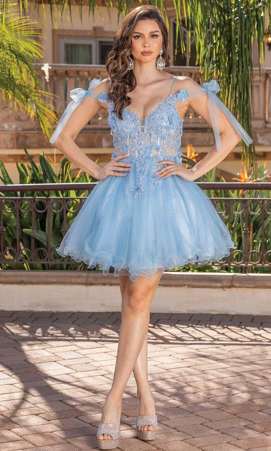 Pretty A-Line Sweetheart Corset Floral Applique Glitter Light Blue Short Homecoming Dress