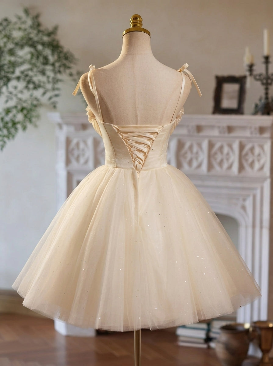 Pretty A-Line Sweetheart Spaghetti Straps Ruffled Bow Champagne Short Homecoming Dresses
