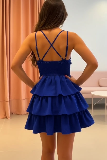 Pretty A-Line V-Neck Tiered Ruffle Smocked Royal Blue Mini Homecoming Dresses
