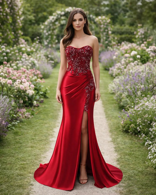 Pretty Mermaid Sweetheart Sequin High Slit Satin Red Floor-Length Prom Dresses