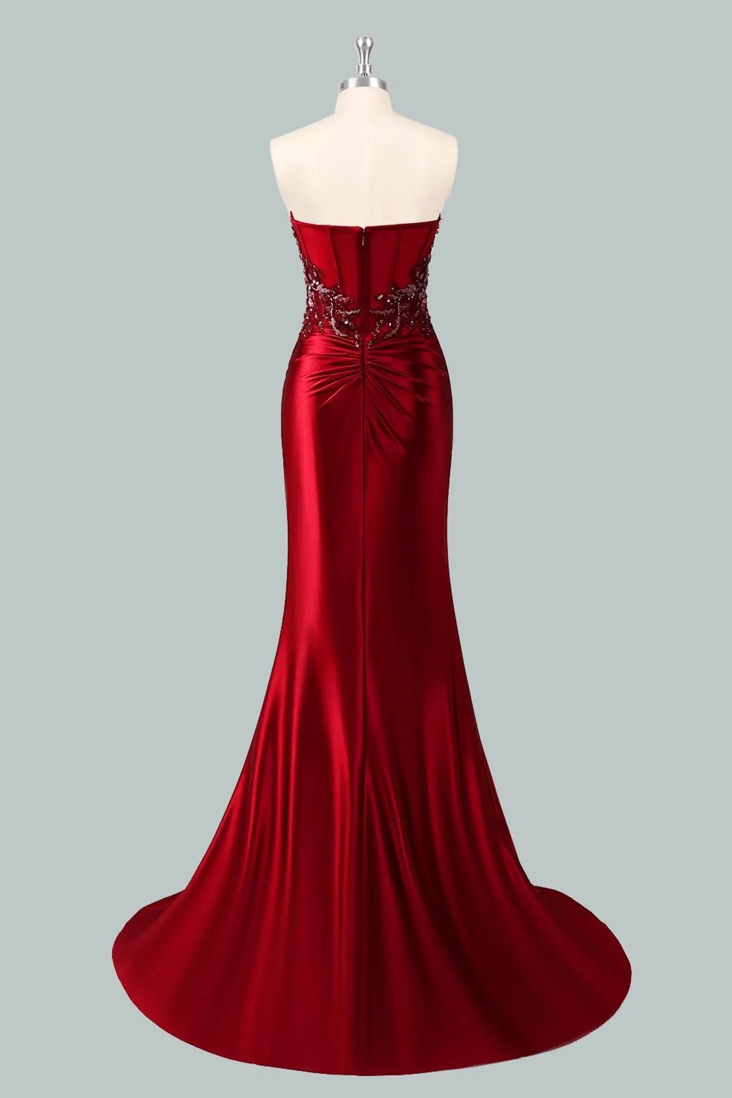 Pretty Mermaid Sweetheart Sequin High Slit Satin Red Floor-Length Prom Dresses