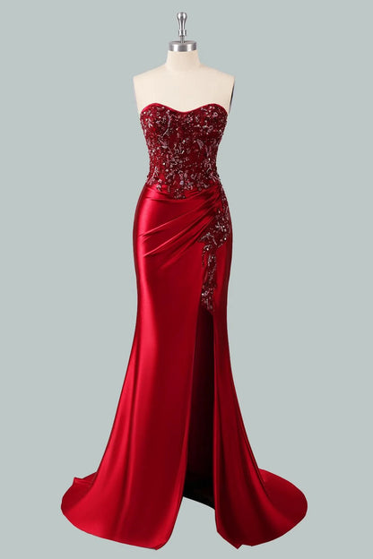 Pretty Mermaid Sweetheart Sequin High Slit Satin Red Floor-Length Prom Dresses